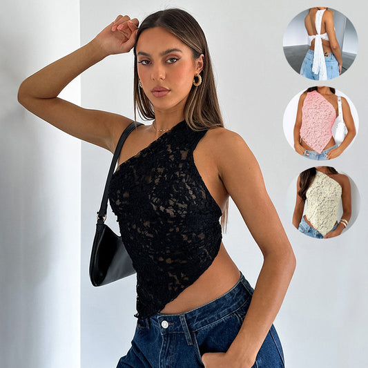 Top de Encaje y Espalda Descubierta – Top Asimétrico de Verano, Sin Cintura, Color Sólido para Mujer, Estilo Streetwear
