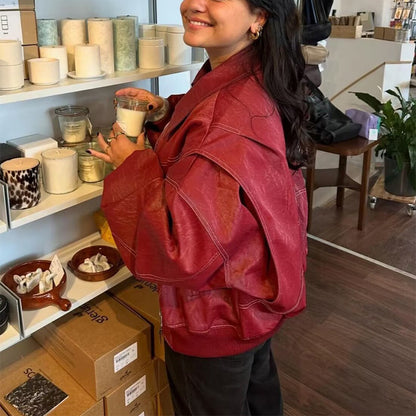 Chaqueta de Moda Holgada con Solapa y Cremallera – Manga Larga, Cierre de Cremallera, Estilo Moto de Cuero para Mujer