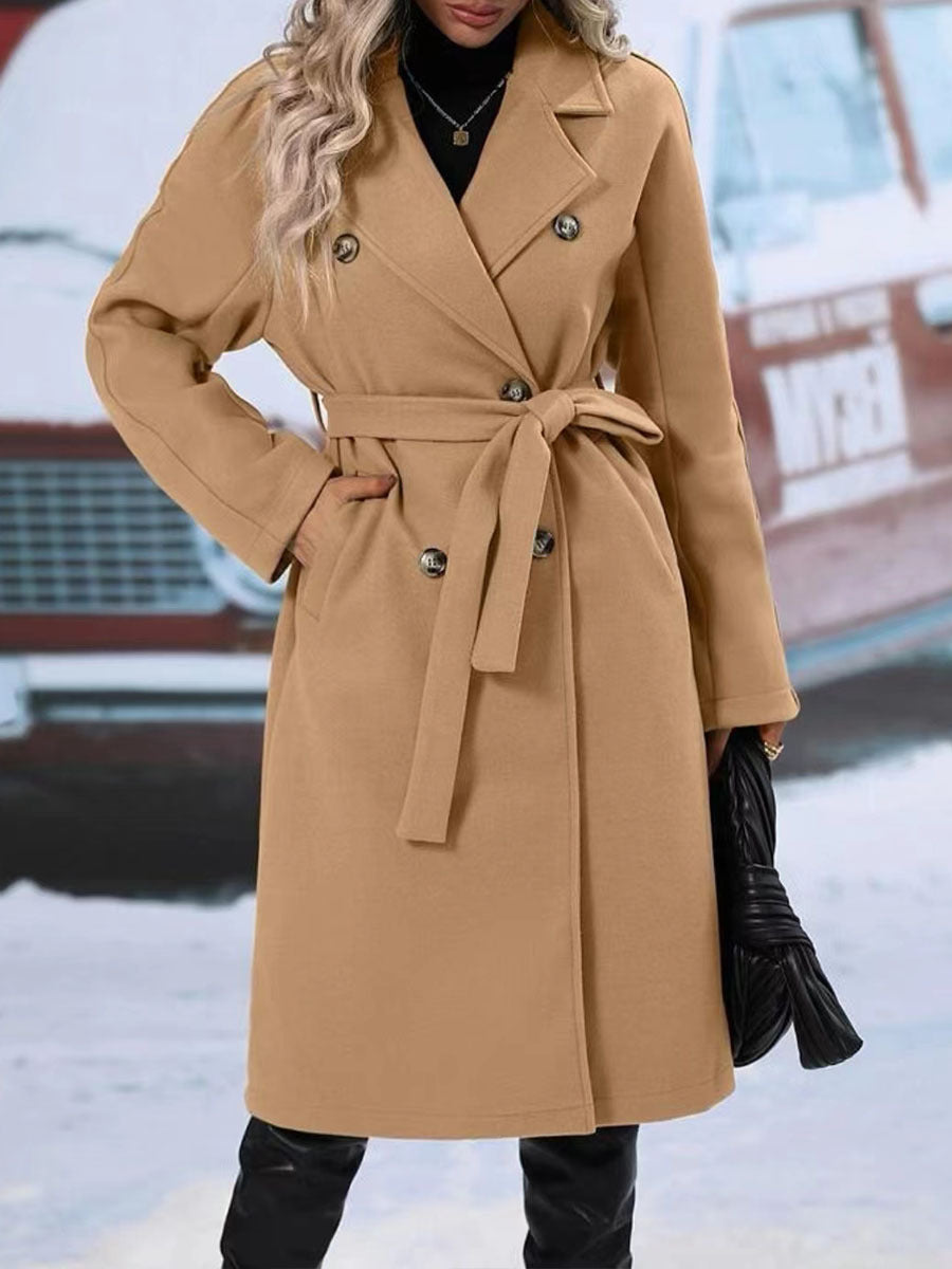 Abrigo Trench Doble Botonadura con Cinturón para Mujer – Chaqueta Larga de Invierno Color Sólido