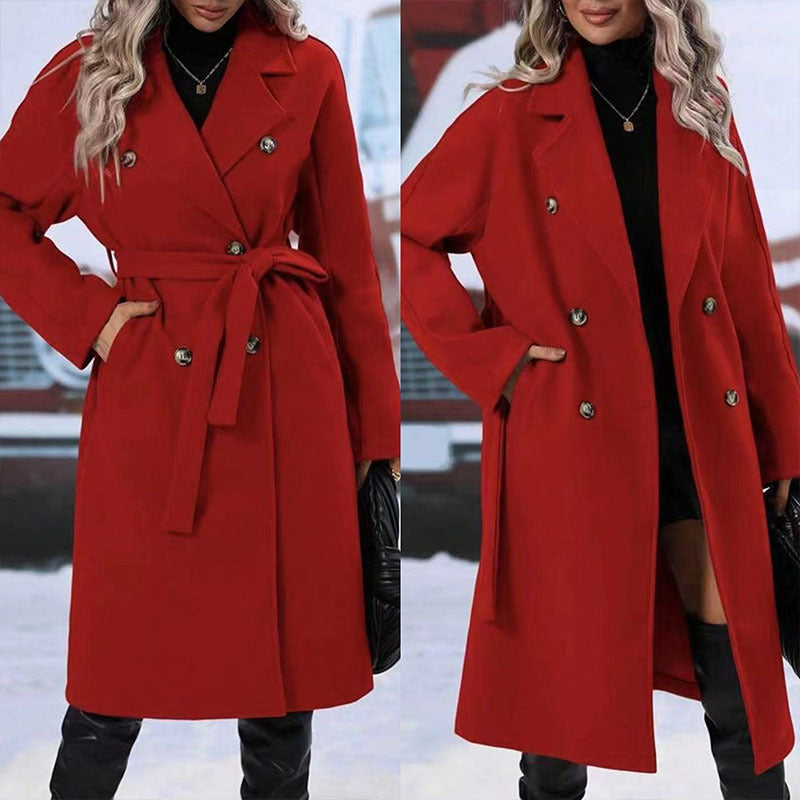 Abrigo Trench Doble Botonadura con Cinturón para Mujer – Chaqueta Larga de Invierno Color Sólido