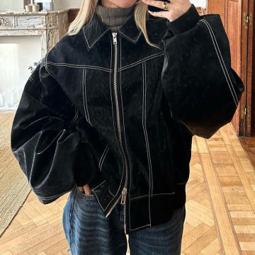 Chaqueta de Moda Holgada con Solapa y Cremallera – Manga Larga, Cierre de Cremallera, Estilo Moto de Cuero para Mujer