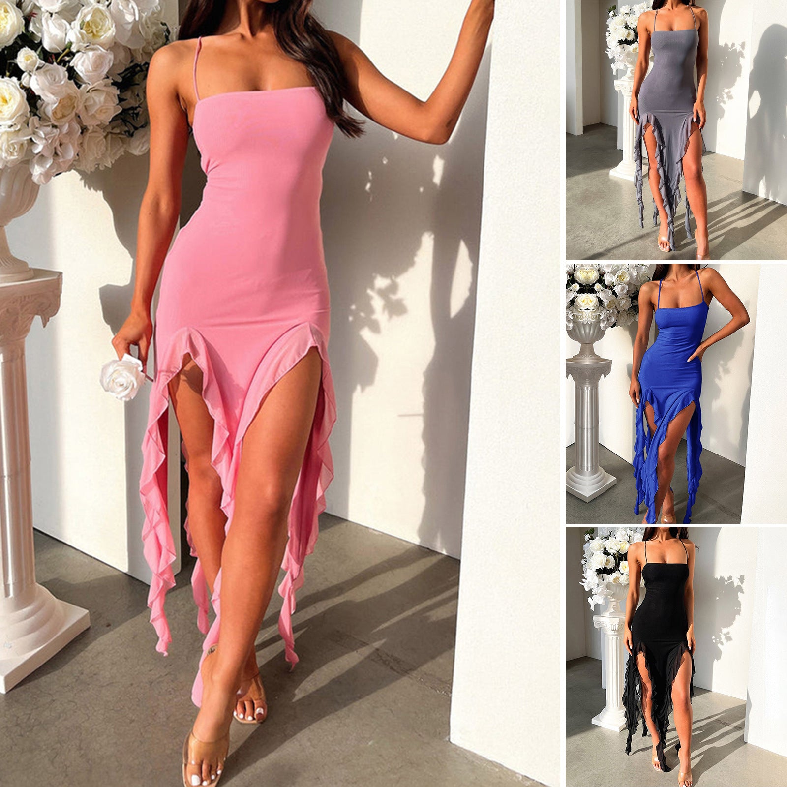 Vestido Sexy Ajustado con Tirantes – Falda con Abertura y Volantes de Moda para Mujer, Verano