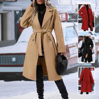 Abrigo Trench Doble Botonadura con Cinturón para Mujer – Chaqueta Larga de Invierno Color Sólido