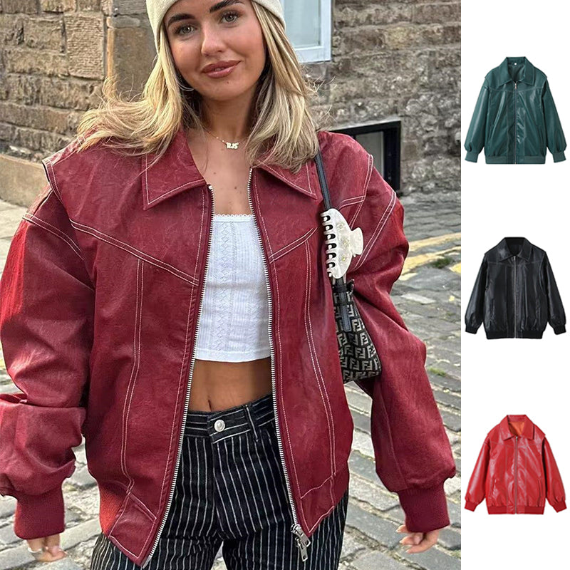 Chaqueta de Moda Holgada con Solapa y Cremallera – Manga Larga, Cierre de Cremallera, Estilo Moto de Cuero para Mujer